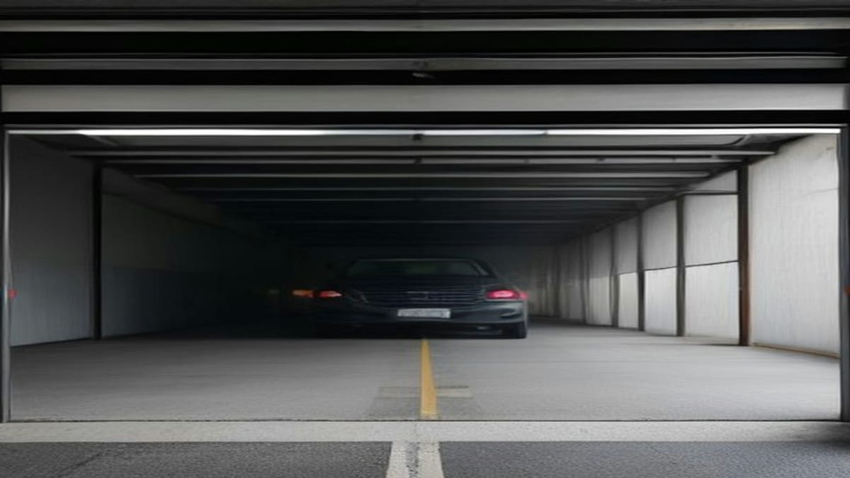 빈 리프트가 있는 정비소와 멀리 보이는 중고 SUV — 도담무역 중고차수출