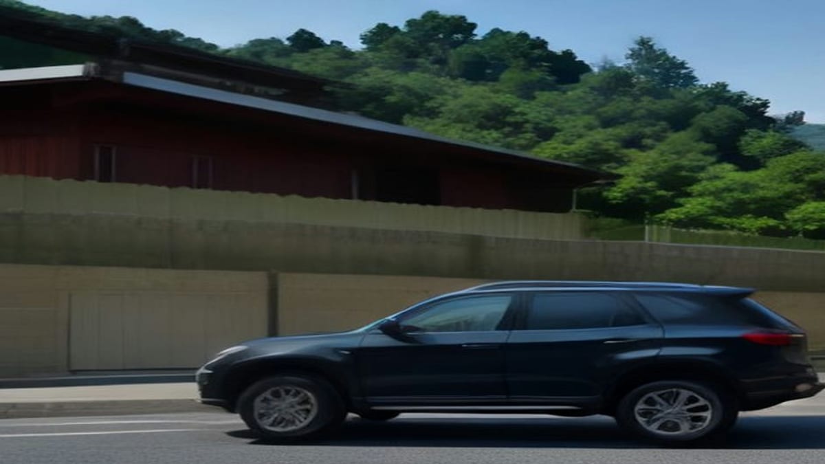 언덕 아래 조용한 주택가 도로에 세워진 중고 SUV 측면 — 도담무역 중고차수출