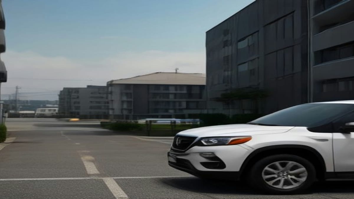 아파트 단지 주차 구역 멀리 서 있는 중고 SUV 측면 — 도담무역 중고차수출